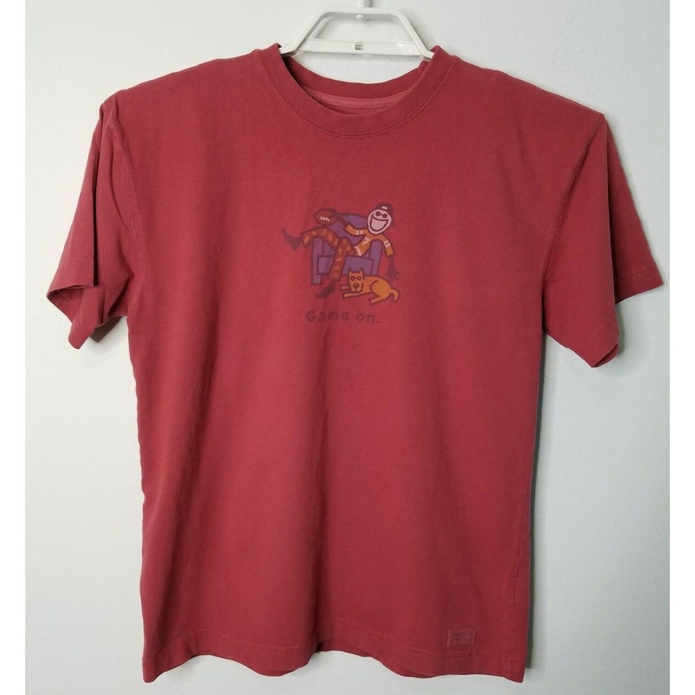 Life Is Good Mens T-Shirt Small S/S Red Crew Neck Game On Football Cotton